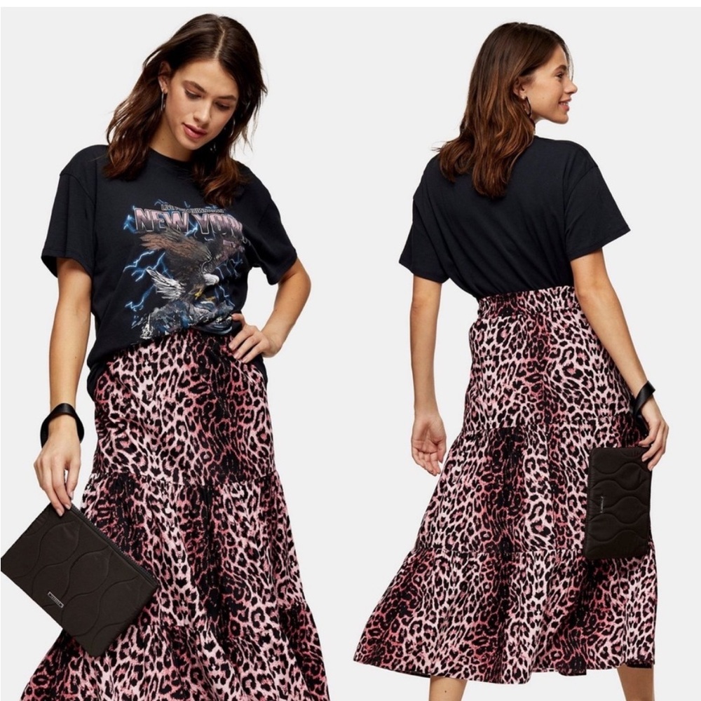 LAST CALL TOPSHOP Pink Leopard Print Midi Maxi Long Punk Skirt
